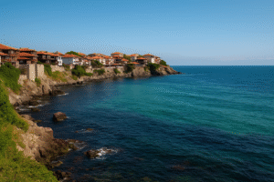 View of Sozopol Bay, Bulgaria, with traditional terracotta-roofed houses on coastal cliffs and calm turquoise sea under clear blue sky.