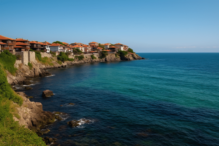 View of Sozopol Bay, Bulgaria, with traditional terracotta-roofed houses on coastal cliffs and calm turquoise sea under clear blue sky.